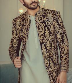 GoldCopper Velvet Embroided Sherwani For Wedding