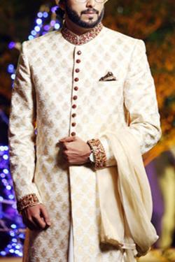 ER SH-087 Golden Boti Work oon Jamawar With Collar Cuff Kora Dabka Work FOr Groom