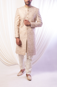 Perfect Gold With Gold Work Sherwani For Groom