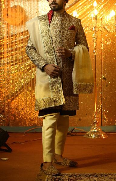 ER SH-084 Groom Sherwani Copper with Cutt Dana Work on Collar