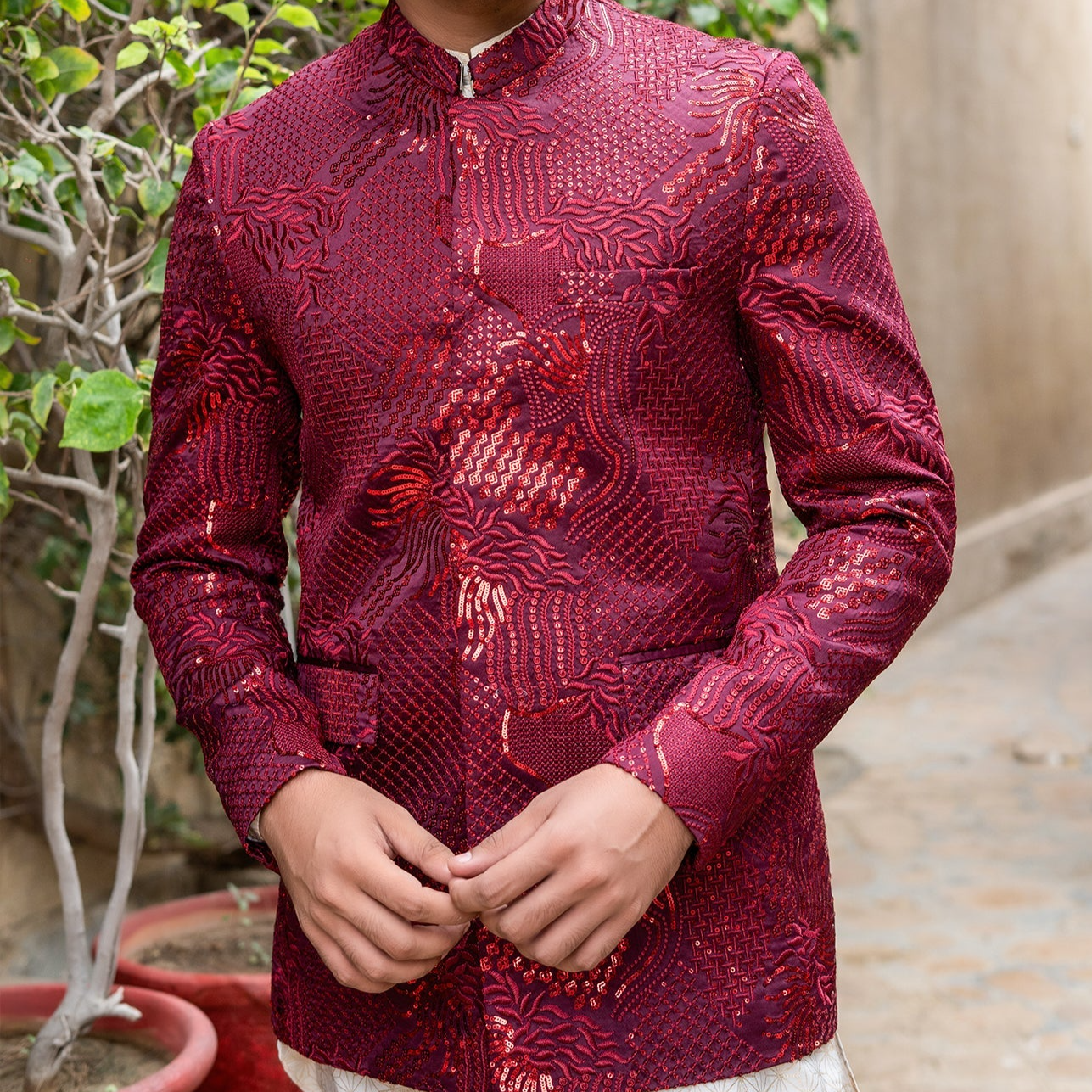 RSH 13 Maroon Sequence Prince Coat For Men