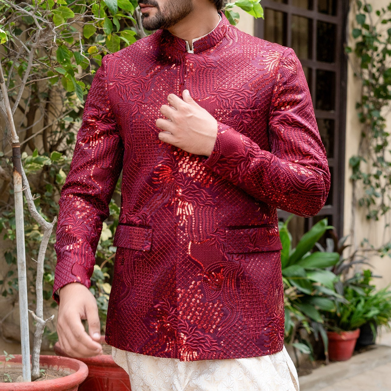 RSH 13 Maroon Sequence Prince Coat For Men