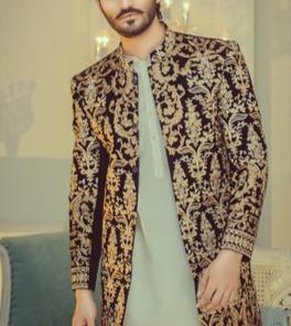 GoldCopper Velvet Embroided Sherwani For Wedding