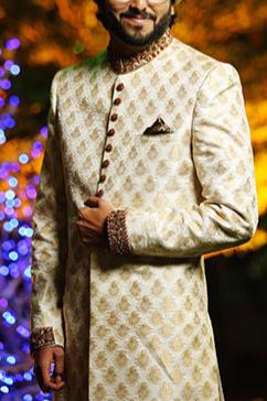 ER SH-087 Golden Boti Work oon Jamawar With Collar Cuff Kora Dabka Work FOr Groom