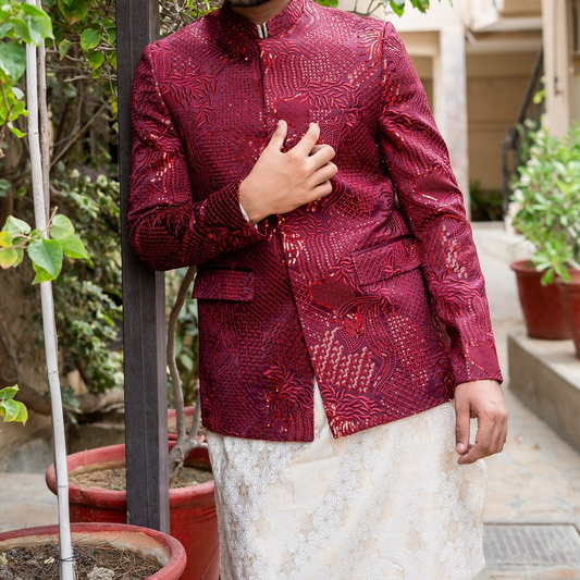 RSH 13 Maroon Sequence Prince Coat For Men